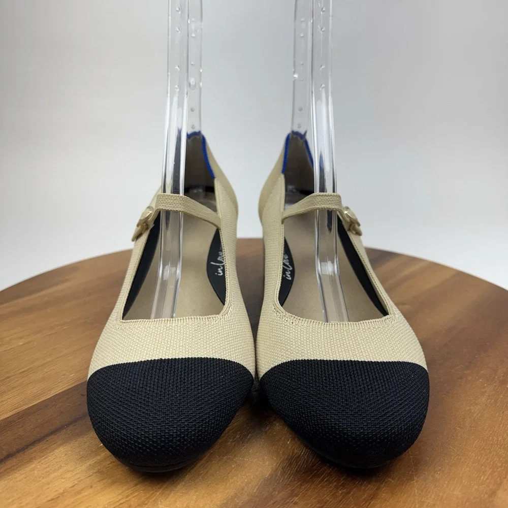 New NWOB Womens Rothys The Mary Jane Beige Knit Cap Toe Block Heels Size 10.5 M